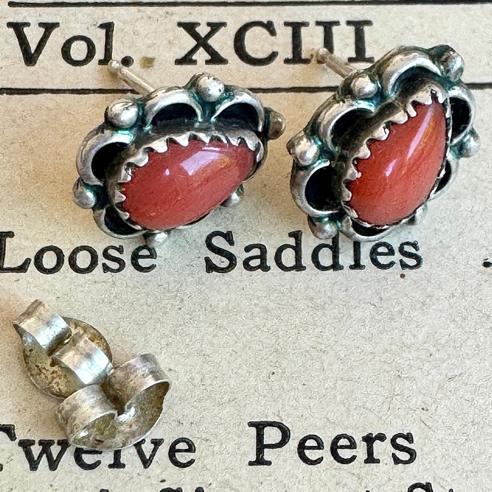 VTG Navajo Red Coral Stud Earring Pair Sterling Silver 925 Post Native Handmade